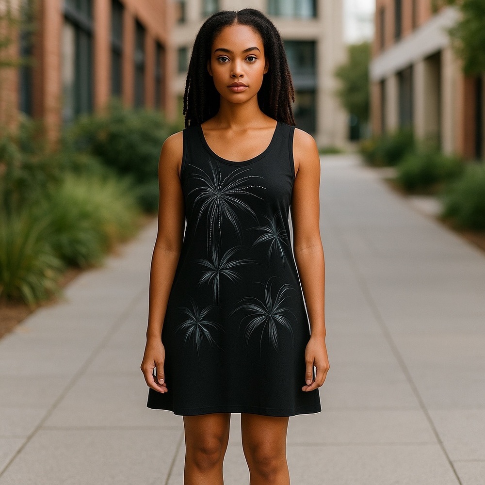 Raya Sun Dress Black Halter Mini Palm Trees Bling Design Slip  Medium